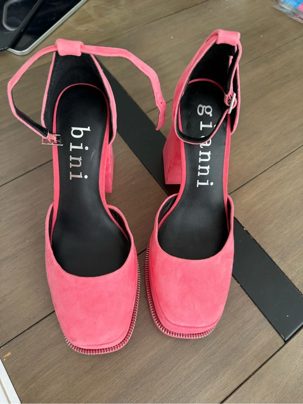 Gianni bini Pink Suede Platform Block Heel Sandals with Ankle Strap